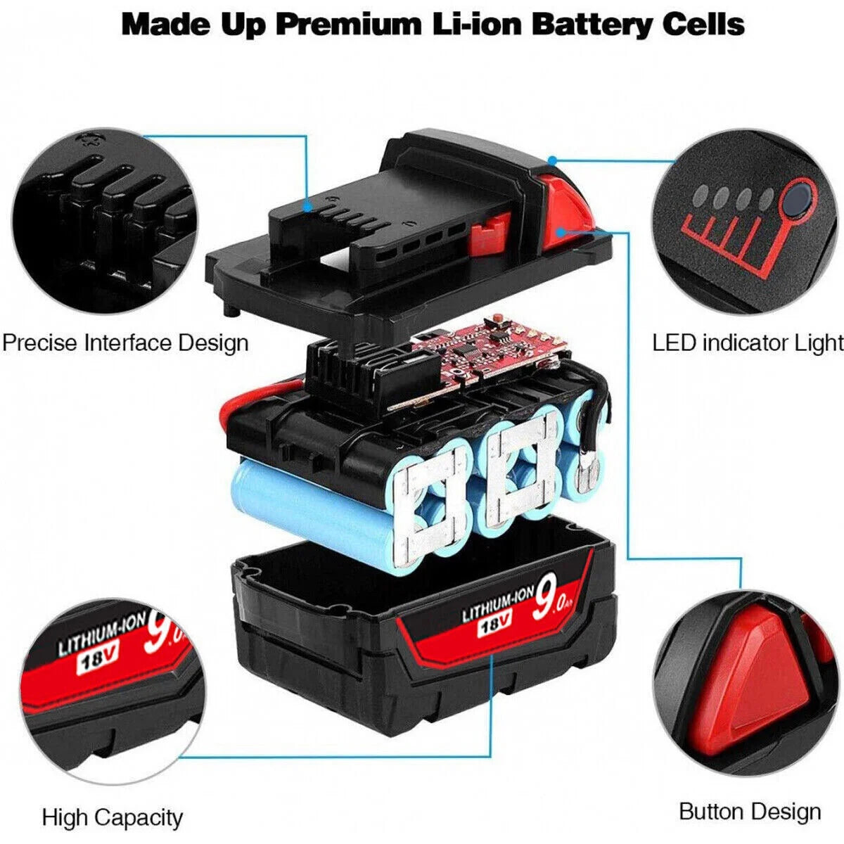 2-Pack Milwaukee Tool 48-11-1890 M18 Lithium-Ion High Output 9.0Ah Battery Pack 48-11-1840,48-11-1850,48-11-1860,48-11-1880