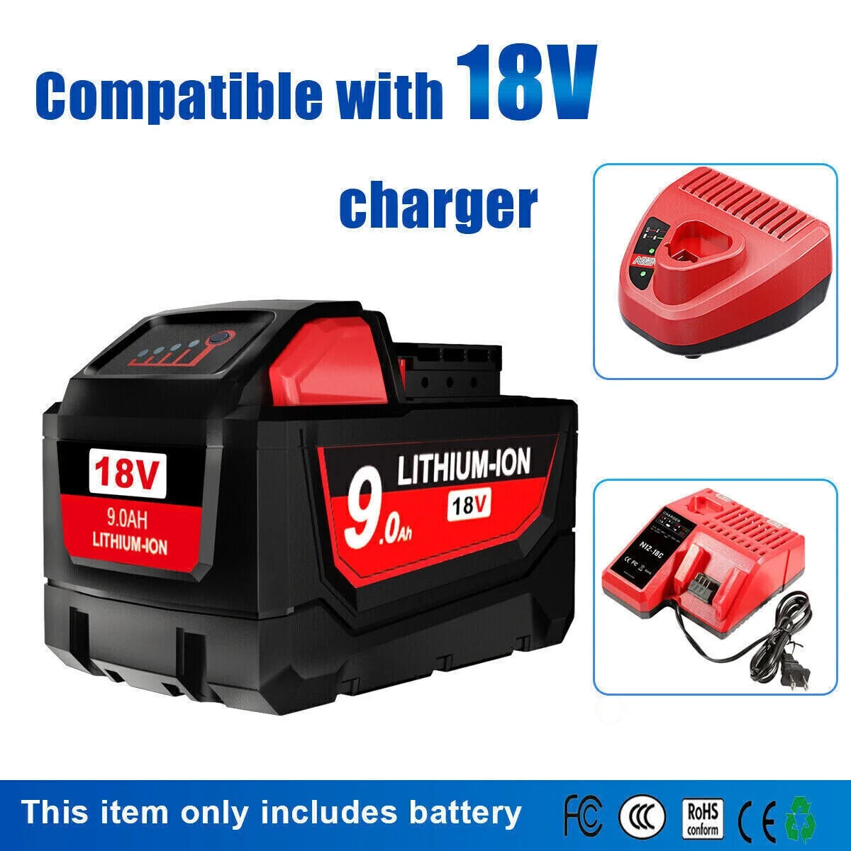 2-Pack Milwaukee Tool 48-11-1890 M18 Lithium-Ion High Output 9.0Ah Battery Pack 48-11-1840,48-11-1850,48-11-1860,48-11-1880
