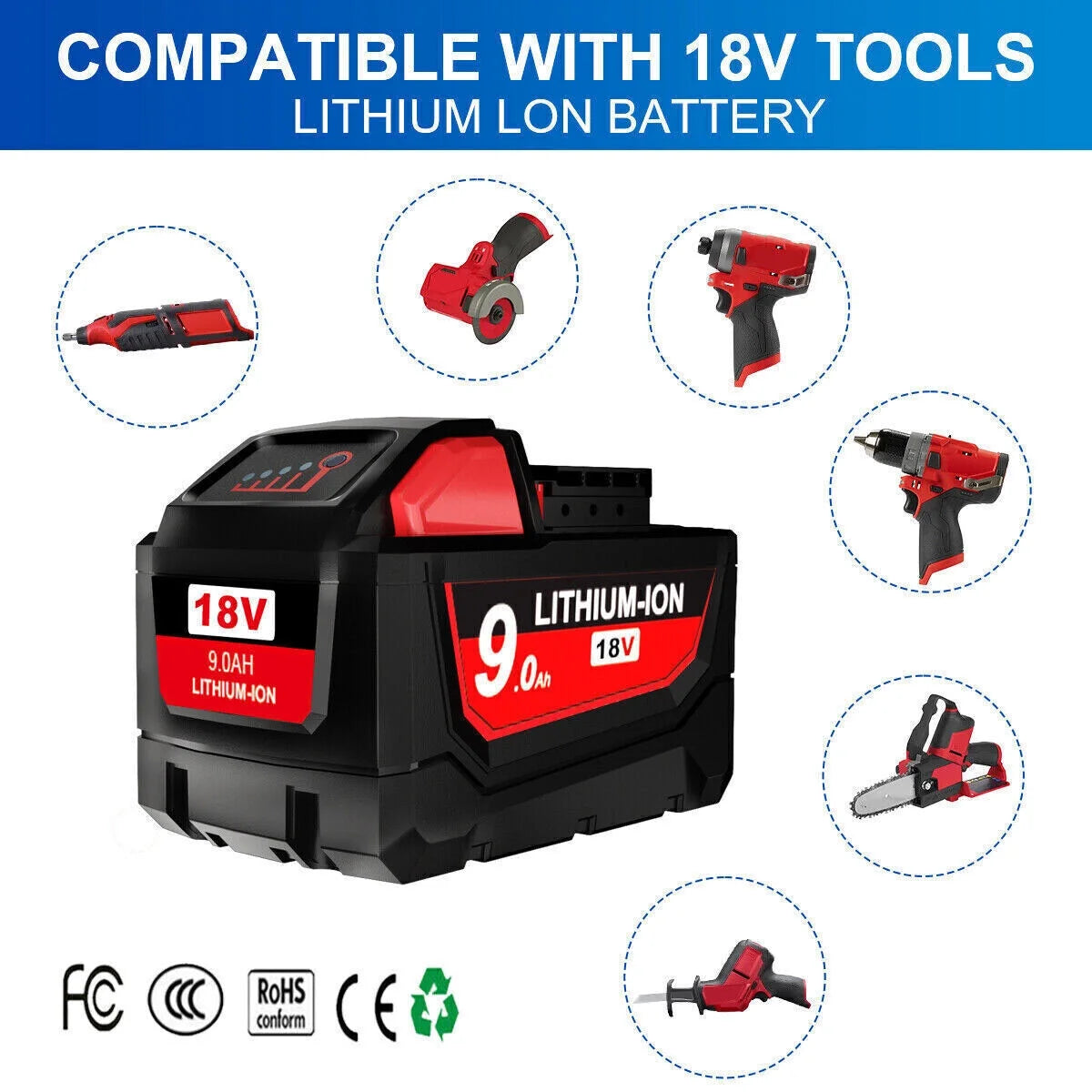 2-Pack Milwaukee Tool 48-11-1890 M18 Lithium-Ion High Output 9.0Ah Battery Pack 48-11-1840,48-11-1850,48-11-1860,48-11-1880
