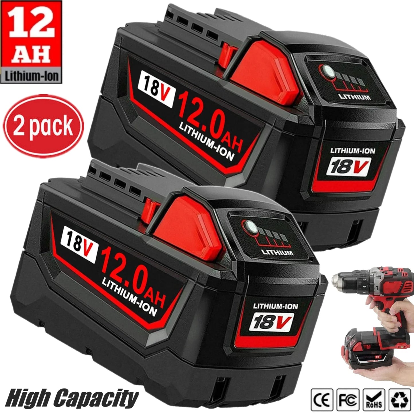 2Pack 18V 12.0Ah Tool Battery Replacement for Milwaukee M18 Lithium XC 12Ah Battery