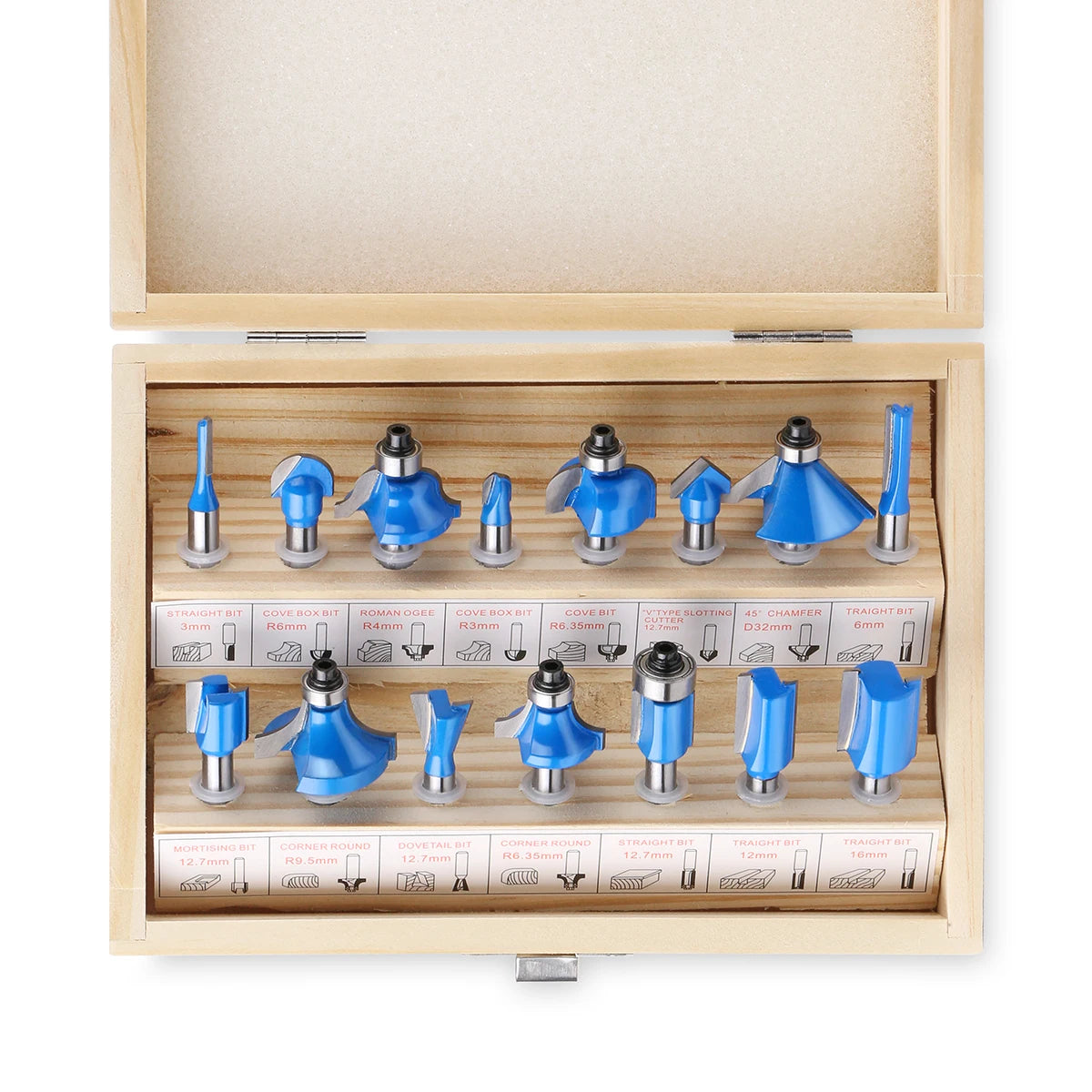 15PCS 1/4in Shank Router Bits Set Trimming Straight Beading Milling Cutter Tungsten Carbide Cutting Woodworking Tools