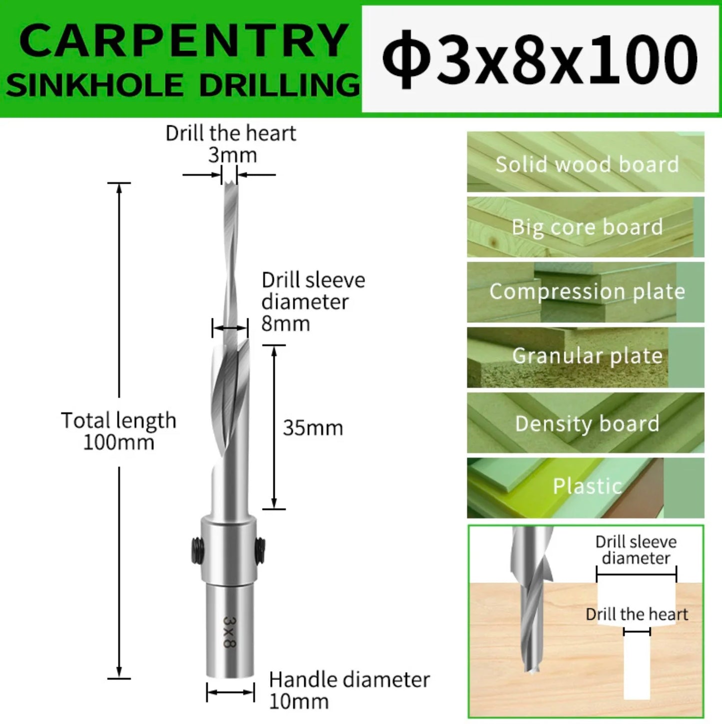 Countersink Drill Bit with Adjustable Depth Stop Chamfering Counterbore Drilling for Wood Plastic 10MM Shank