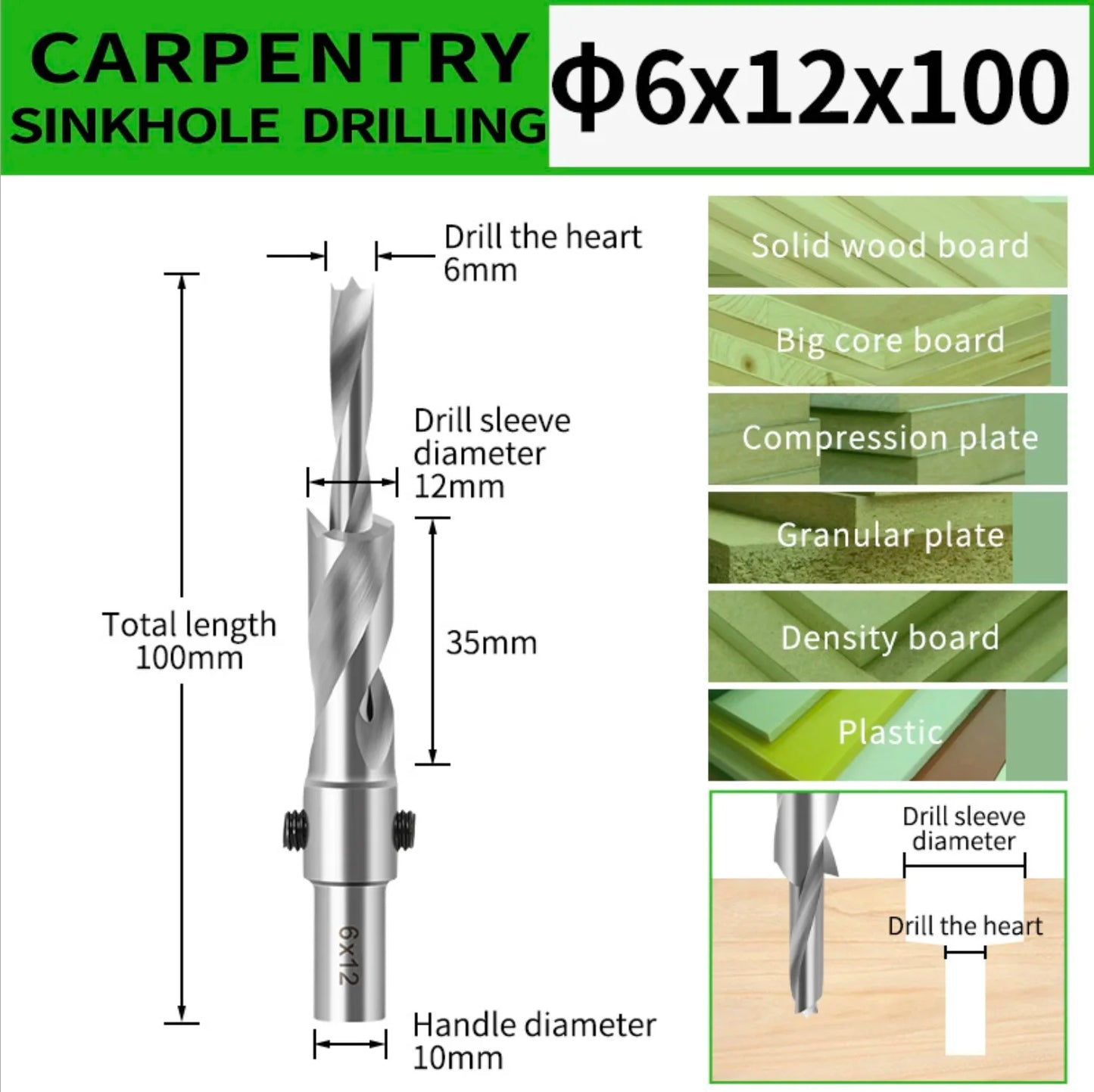Countersink Drill Bit with Adjustable Depth Stop Chamfering Counterbore Drilling for Wood Plastic 10MM Shank