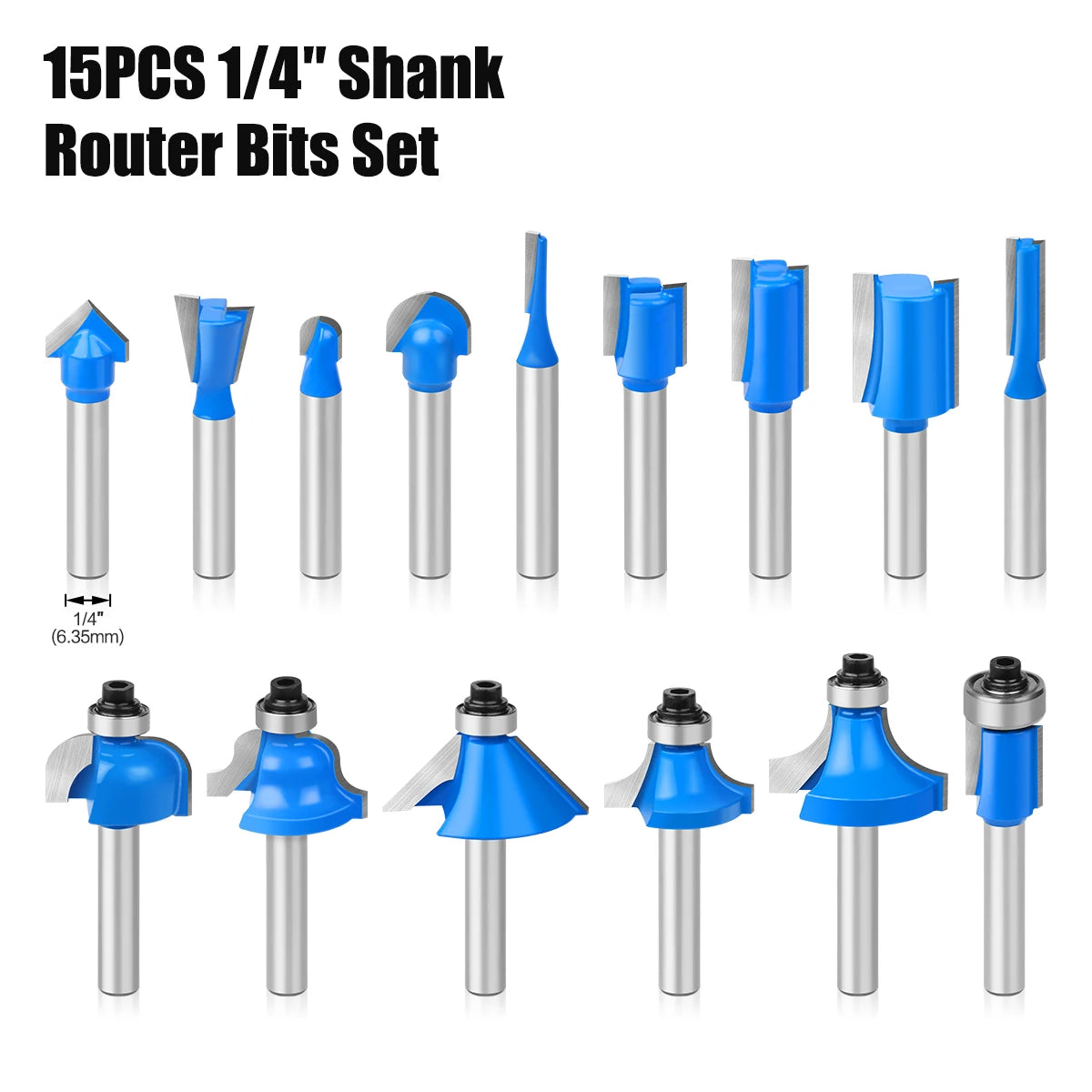15PCS 1/4in Shank Router Bits Set Trimming Straight Beading Milling Cutter Tungsten Carbide Cutting Woodworking Tools