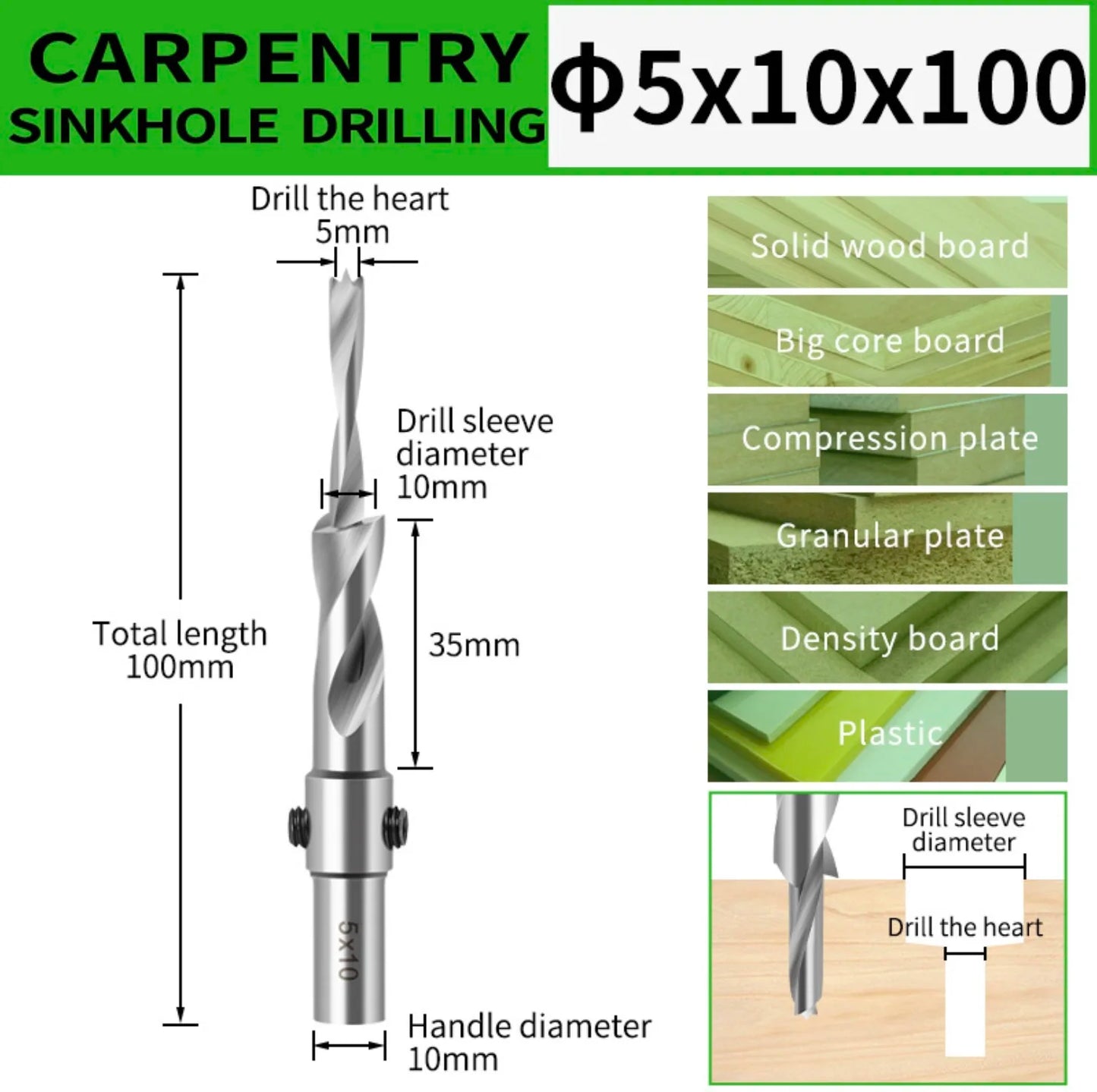 Countersink Drill Bit with Adjustable Depth Stop Chamfering Counterbore Drilling for Wood Plastic 10MM Shank