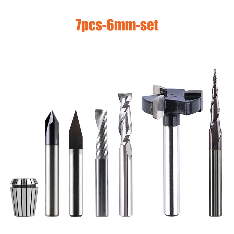 Dreaique 7pcs/set 6mm Shank Solid Carbide Router Bits Essential Kit End Mill Set CNC Engraving Bits Milling Cutter Woodwork Set