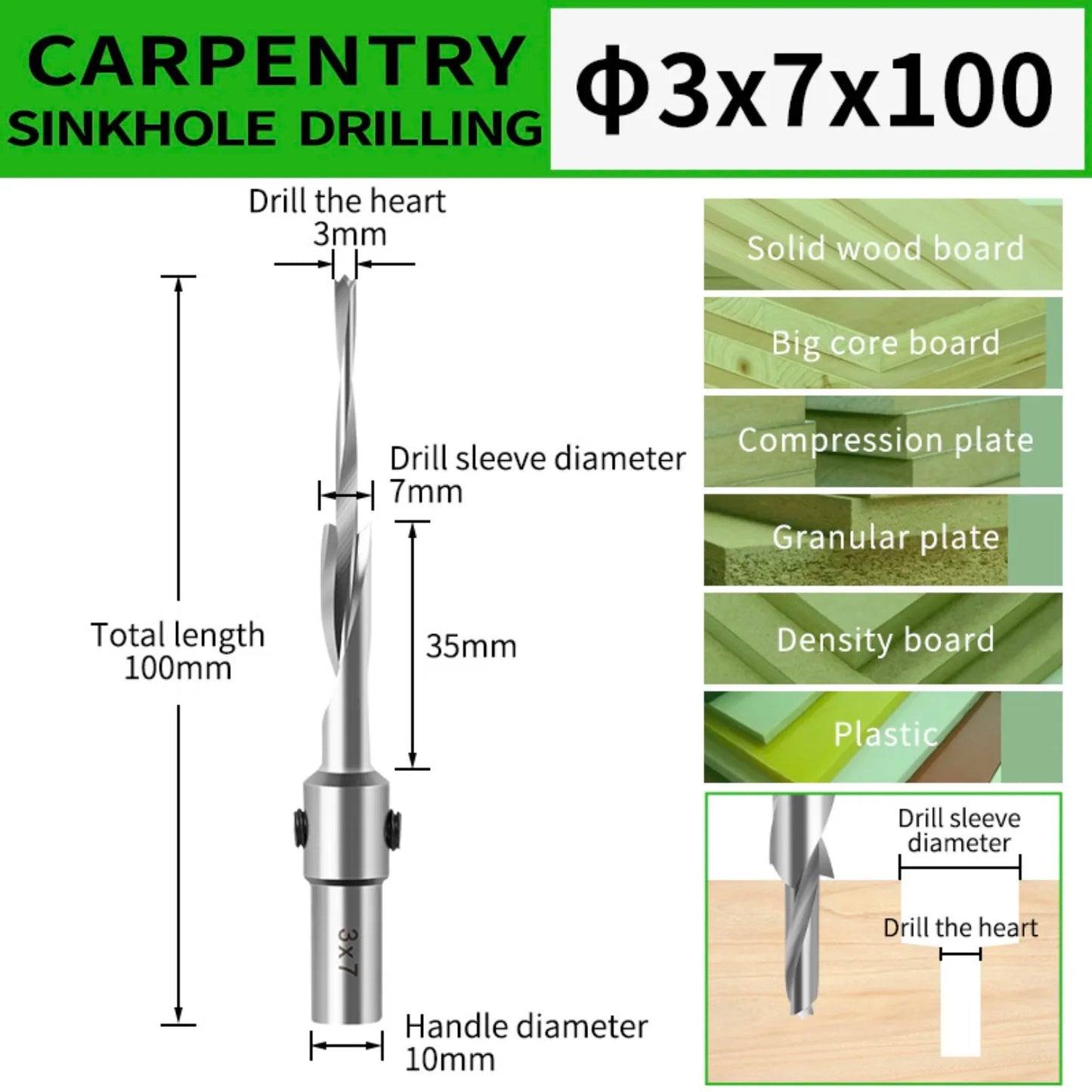 Countersink Drill Bit with Adjustable Depth Stop Chamfering Counterbore Drilling for Wood Plastic 10MM Shank