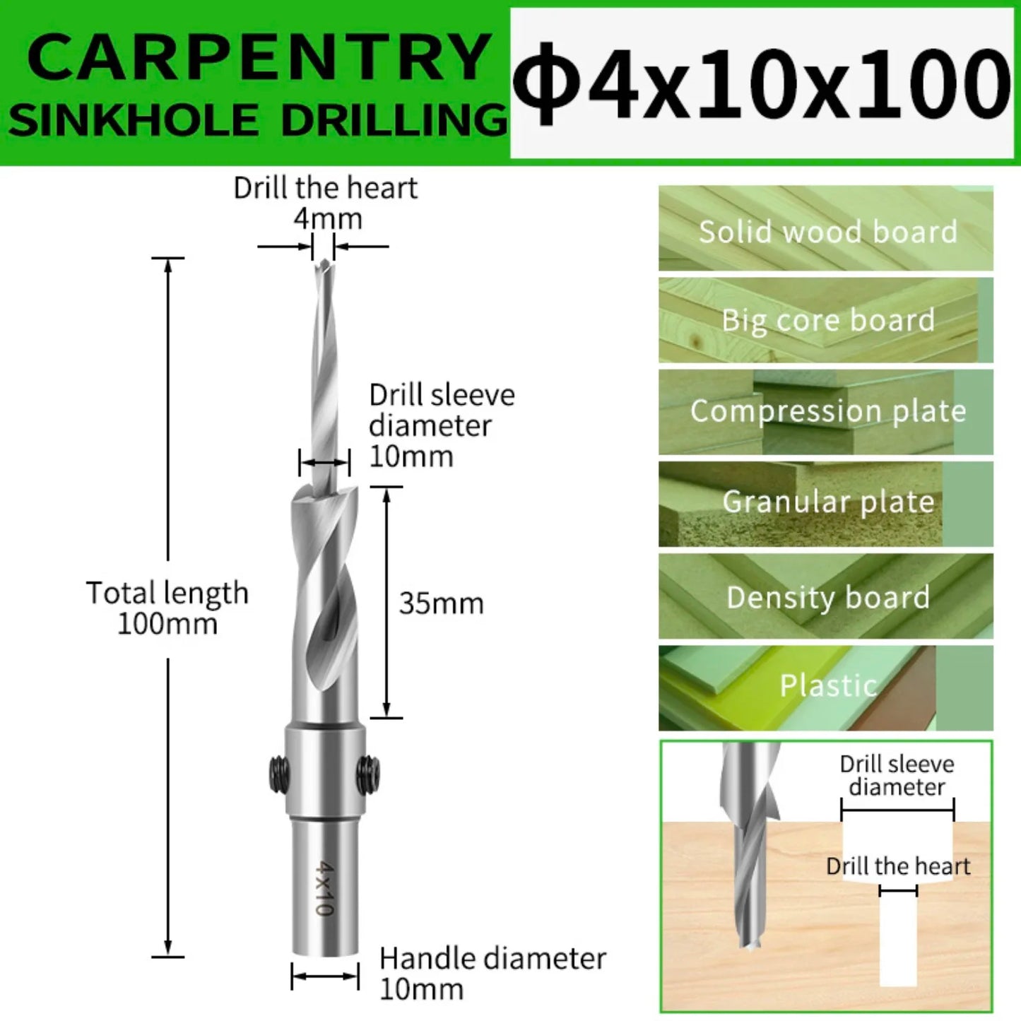 Countersink Drill Bit with Adjustable Depth Stop Chamfering Counterbore Drilling for Wood Plastic 10MM Shank