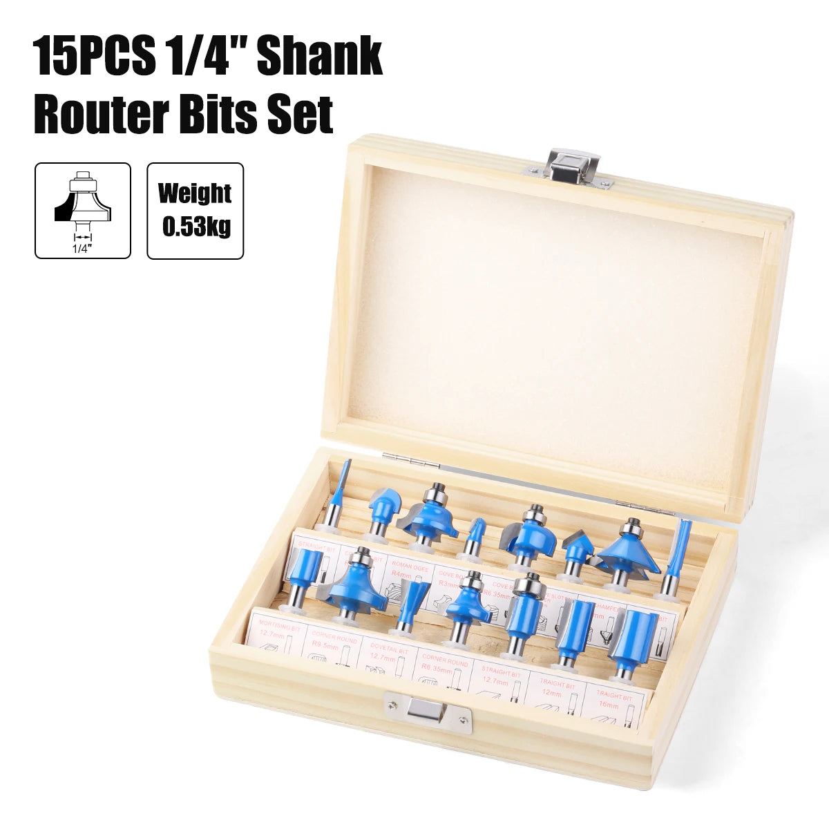 15PCS 1/4in Shank Router Bits Set Trimming Straight Beading Milling Cutter Tungsten Carbide Cutting Woodworking Tools