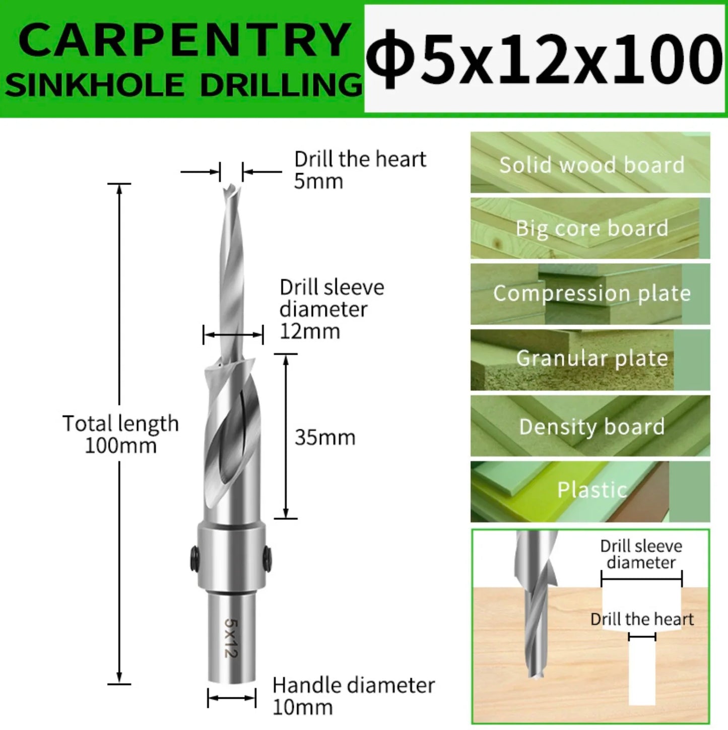Countersink Drill Bit with Adjustable Depth Stop Chamfering Counterbore Drilling for Wood Plastic 10MM Shank