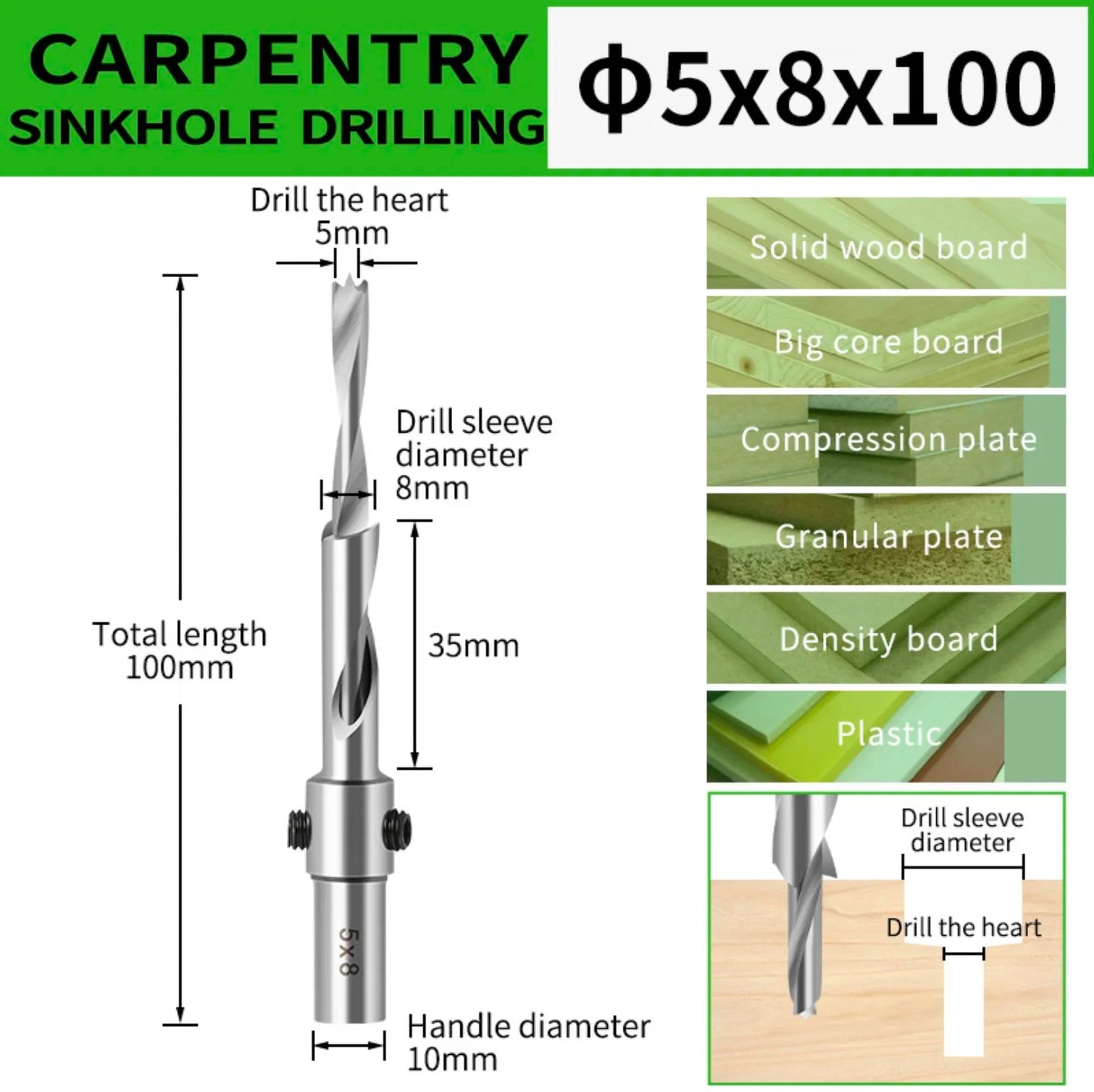 Countersink Drill Bit with Adjustable Depth Stop Chamfering Counterbore Drilling for Wood Plastic 10MM Shank