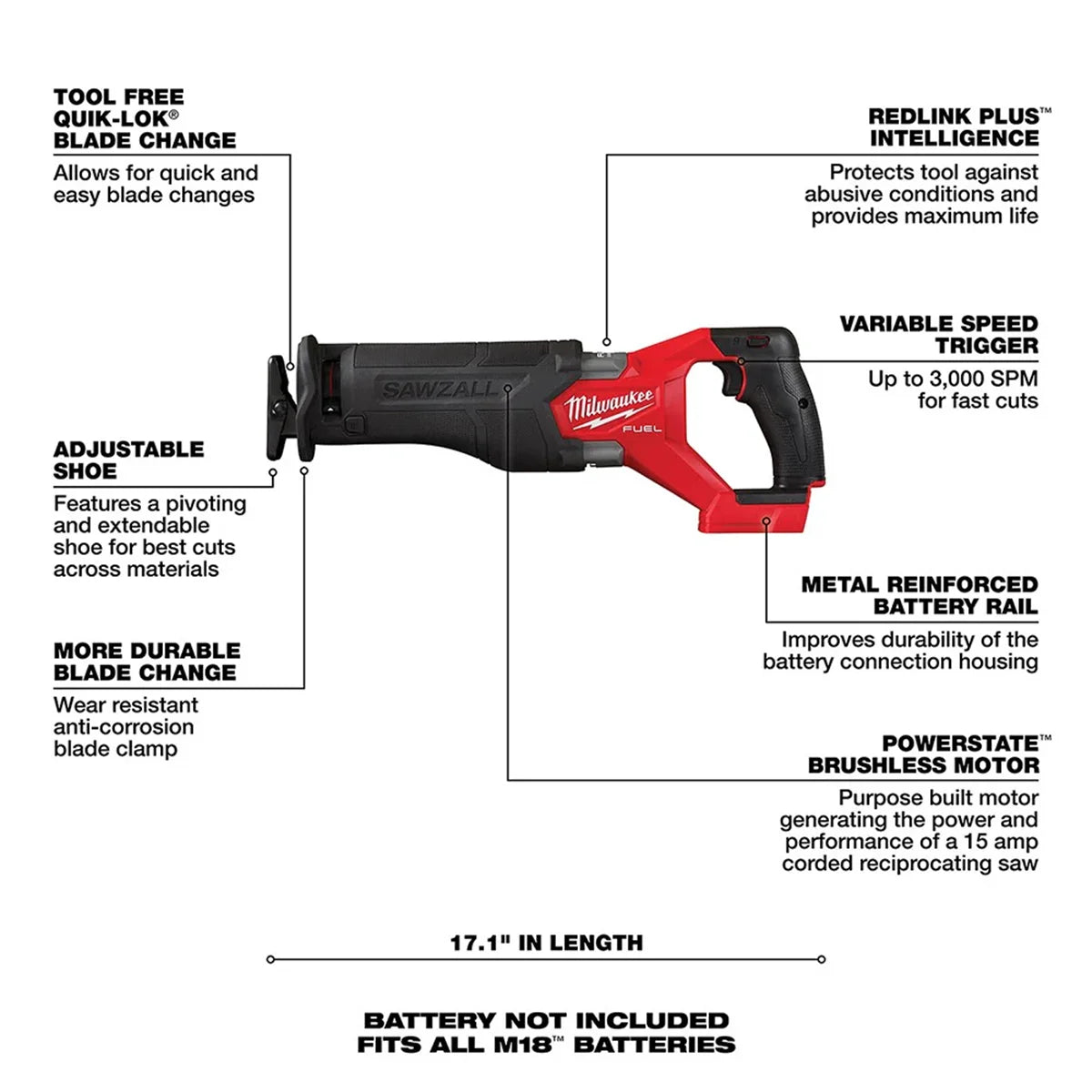 M18 18V Fuel Sawzall 1-1/4" Reciprocating Saw Cordless Lithium-Ion Brushless 2821-20
