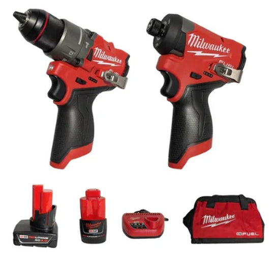 M12 FUEL 12V Lithium-Ion Brushless Cordless 2-Tool Combo Kit – 1/2" Hammer Drill & 1/4" Impact Driver with 2 Batteries, Charger & Bag (Model 3497-22)