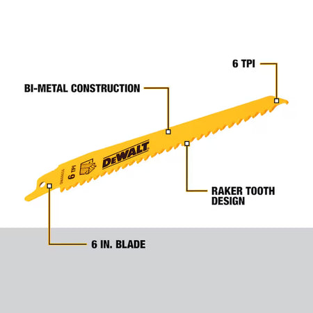 Bi-Metal 6-In 6 TPI Wood Cutting Reciprocating Saw Blade 5 -Pack