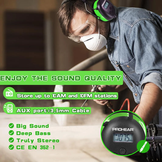 027 AM FM Radio Headphones with Digital Display, 25Db NRR, Safety Ear Protection Earmuffs for Mowing, Snowblowing, Construction, Work Shops - Green