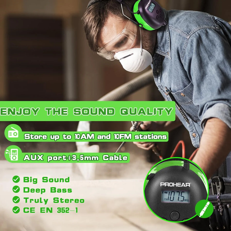 027 AM FM Radio Headphones with Digital Display, 25Db NRR, Safety Ear Protection Earmuffs for Mowing, Snowblowing, Construction, Work Shops - Green