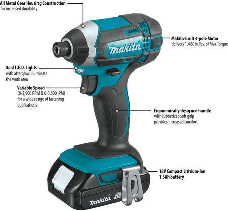 18V Lithium-Ion Cordless Power Tool Set, 1.5Ah, 2 Pack