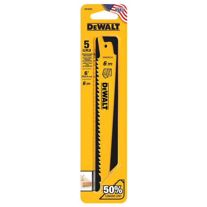 Bi-Metal 6-In 6 TPI Wood Cutting Reciprocating Saw Blade 5 -Pack