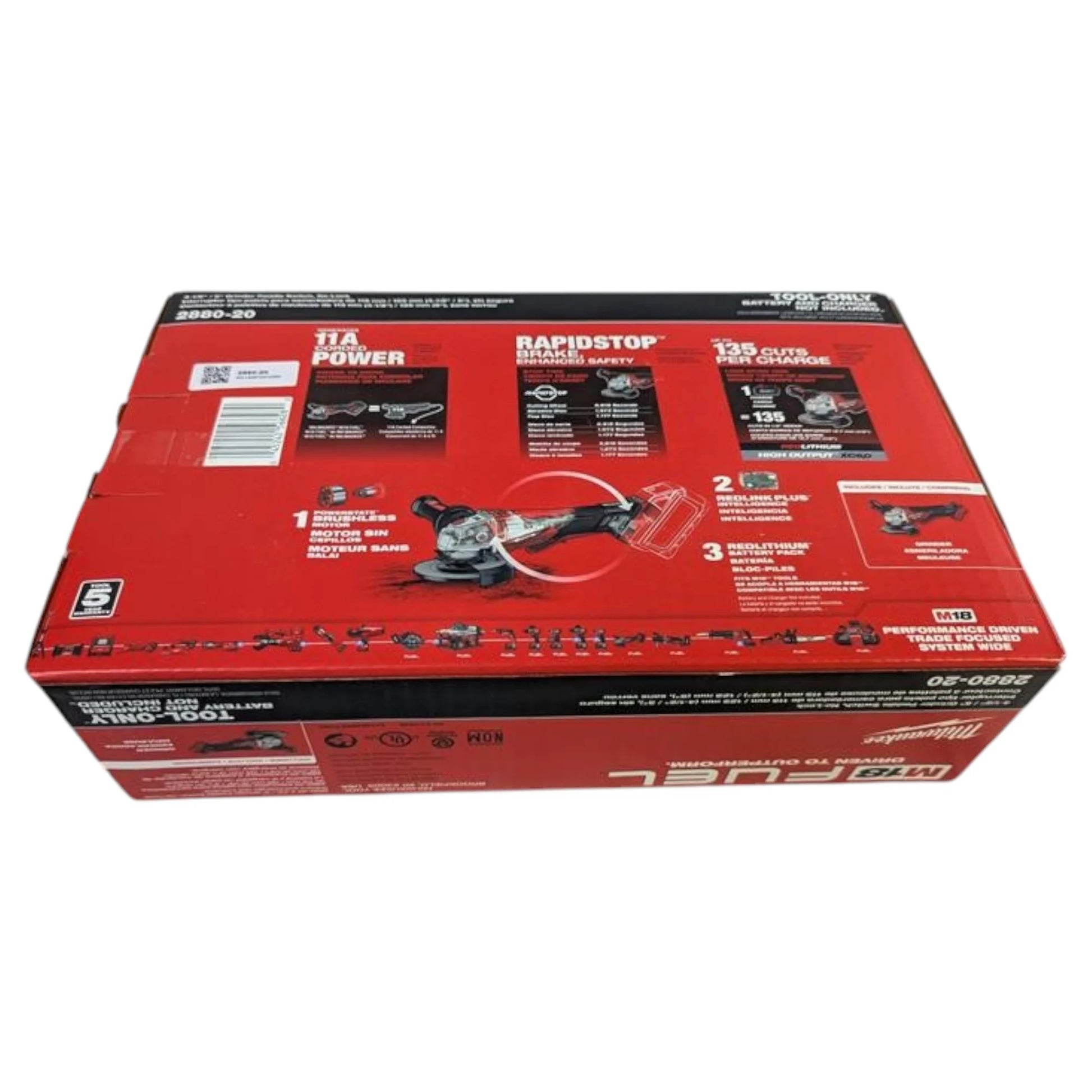2880-20 M18 FUEL 4-1/2" / 5" Cordless Grinder – Paddle Switch, No Lock, 11A Corded Power, 8,500 RPM, Brushless Motor (Bare Tool)