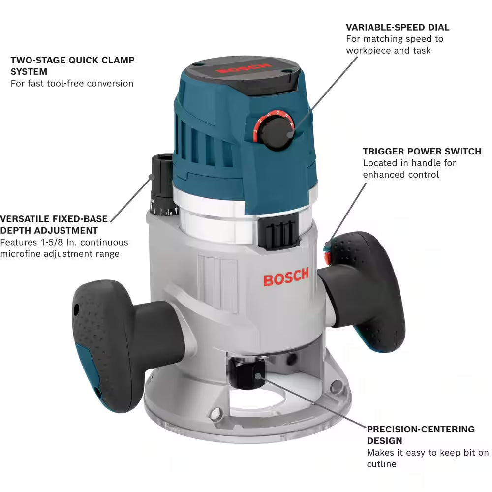 15 Amp 3-1/2 In. 2.3 HP Corded Electric Variable Speed Fixed Base Router Kit with Trigger Control