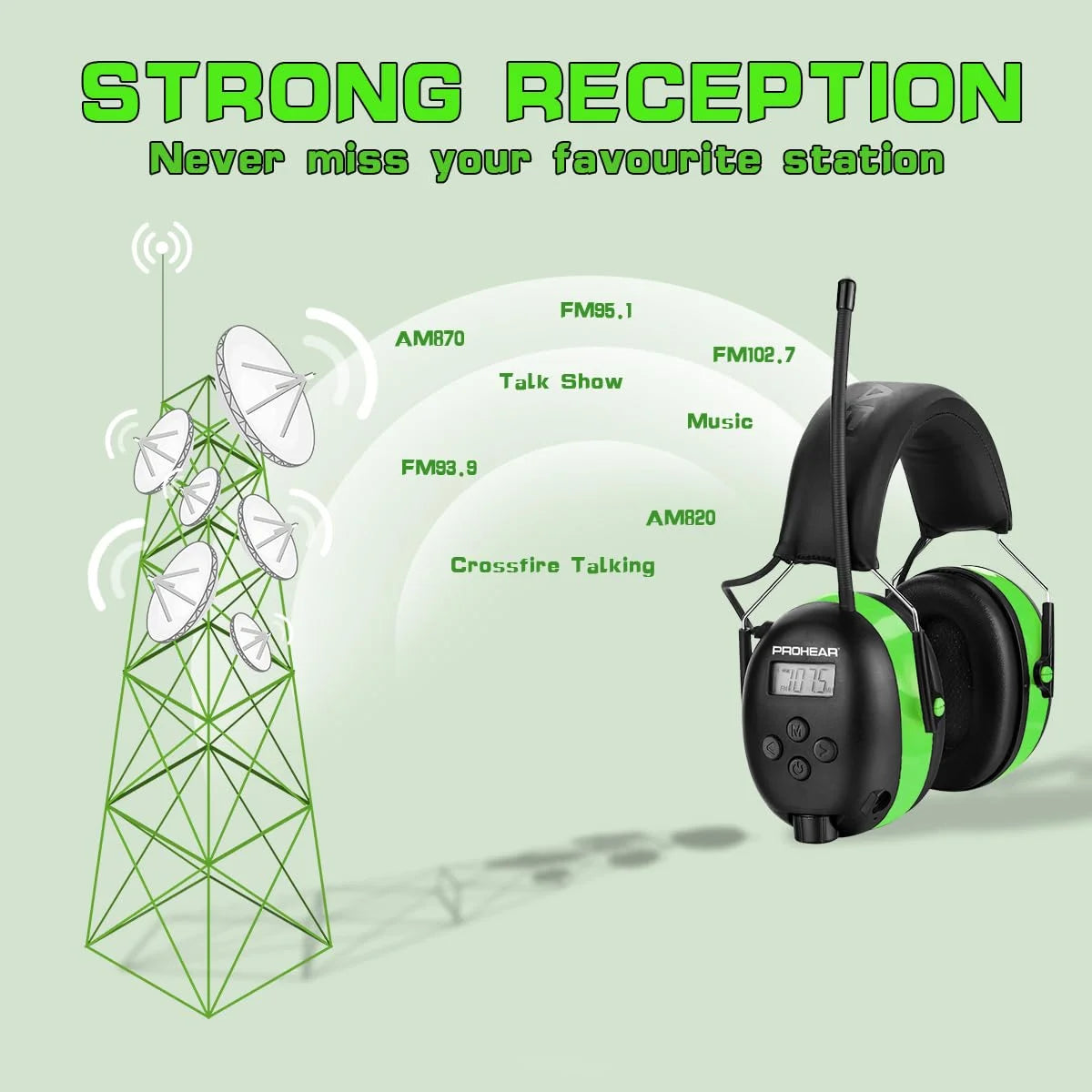 027 AM FM Radio Headphones with Digital Display, 25Db NRR, Safety Ear Protection Earmuffs for Mowing, Snowblowing, Construction, Work Shops - Green