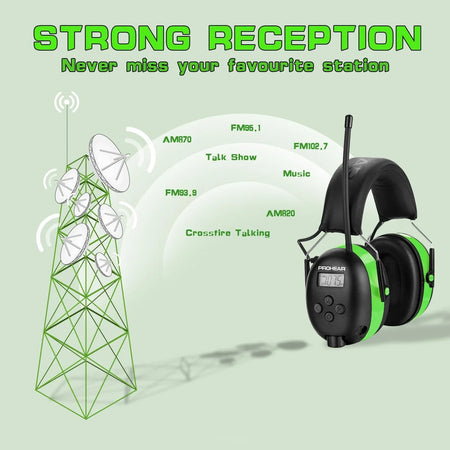 027 AM FM Radio Headphones with Digital Display, 25Db NRR, Safety Ear Protection Earmuffs for Mowing, Snowblowing, Construction, Work Shops - Green