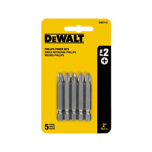 DeWalt 5-Piece #2 Phillips Screwdriver Bit Set – 2-Inch, Shock-Resistant Steel