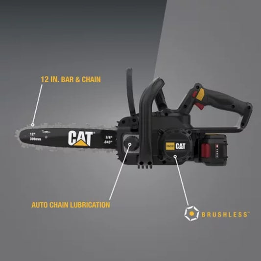 CAT DG230 18V Brushless 12” Chainsaw with Tool-Free Chain Tensioning, Electric Chainsaw Cordless with Inertia Chain Brake – Battery & Charger Included