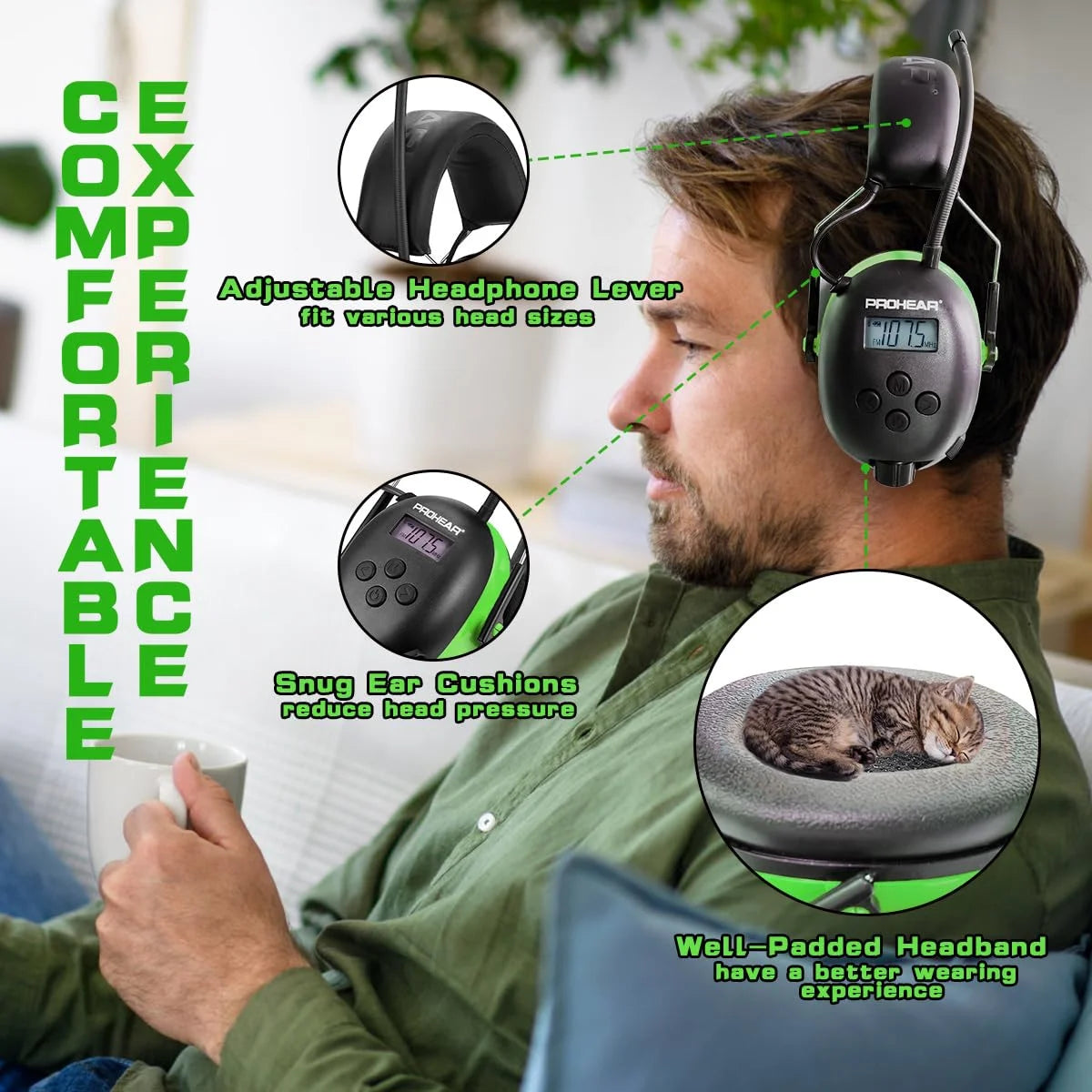 027 AM FM Radio Headphones with Digital Display, 25Db NRR, Safety Ear Protection Earmuffs for Mowing, Snowblowing, Construction, Work Shops - Green