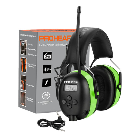 027 AM FM Radio Headphones with Digital Display, 25Db NRR, Safety Ear Protection Earmuffs for Mowing, Snowblowing, Construction, Work Shops - Green