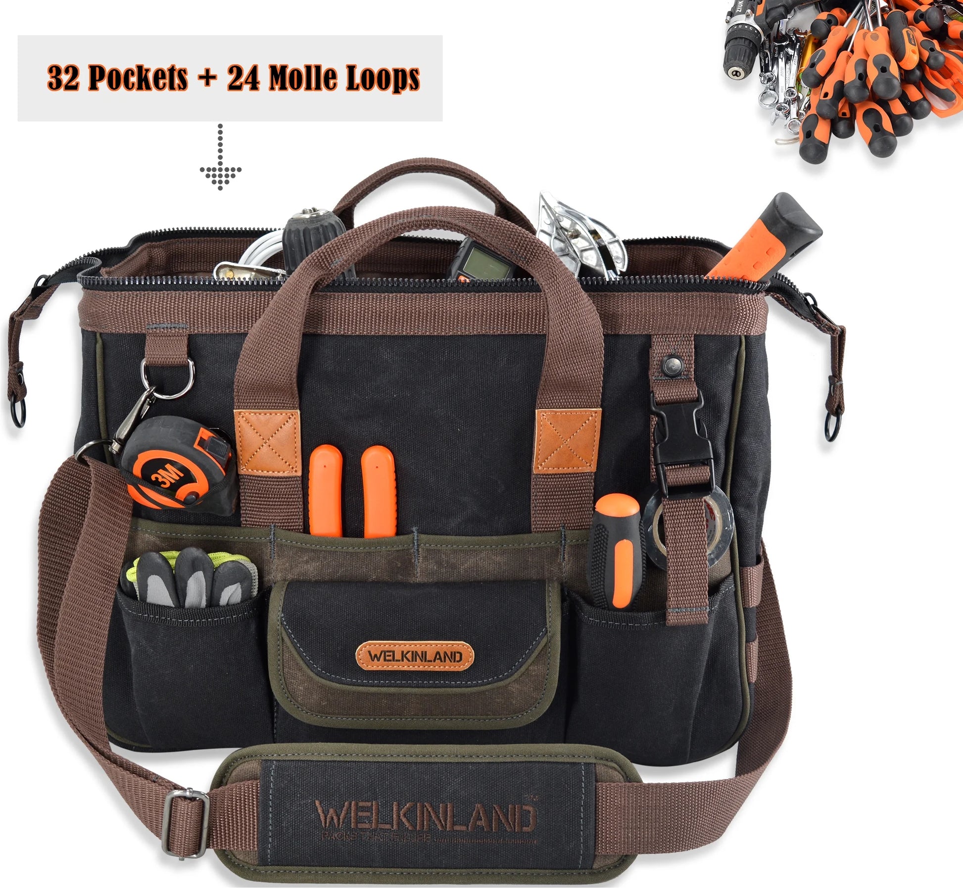 32-Pockets Heavy-Duty Waxed Canvas Tool Bag, 16-Inch