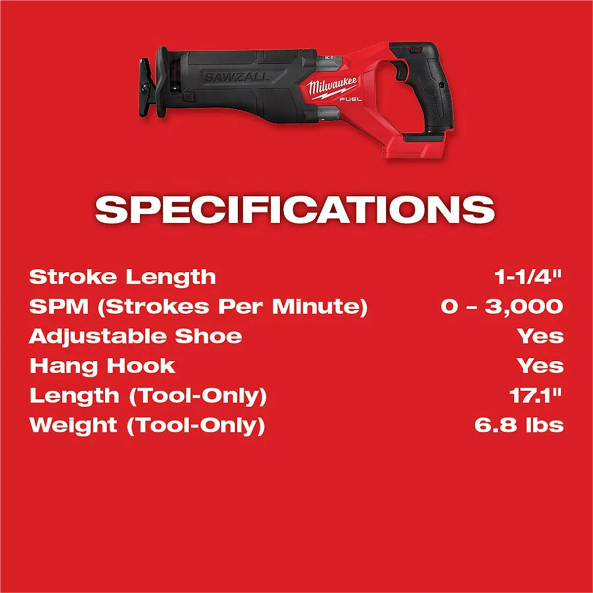 M18 18V Fuel Sawzall 1-1/4" Reciprocating Saw Cordless Lithium-Ion Brushless 2821-20