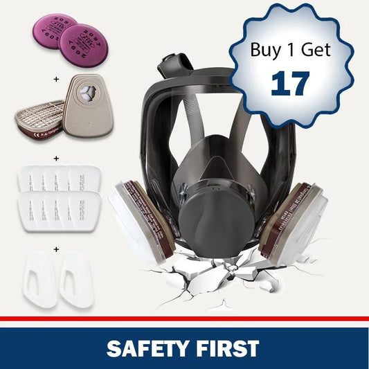 Pomerol Reusable Full Mask with Filter Cartridge, 17 in 1 Full Face Mask with Dual Filter Cartridge, Anti-Virus, Anti-Dust, Anti-Virus Safety Protection Gas Mask for Painting, Carpentry