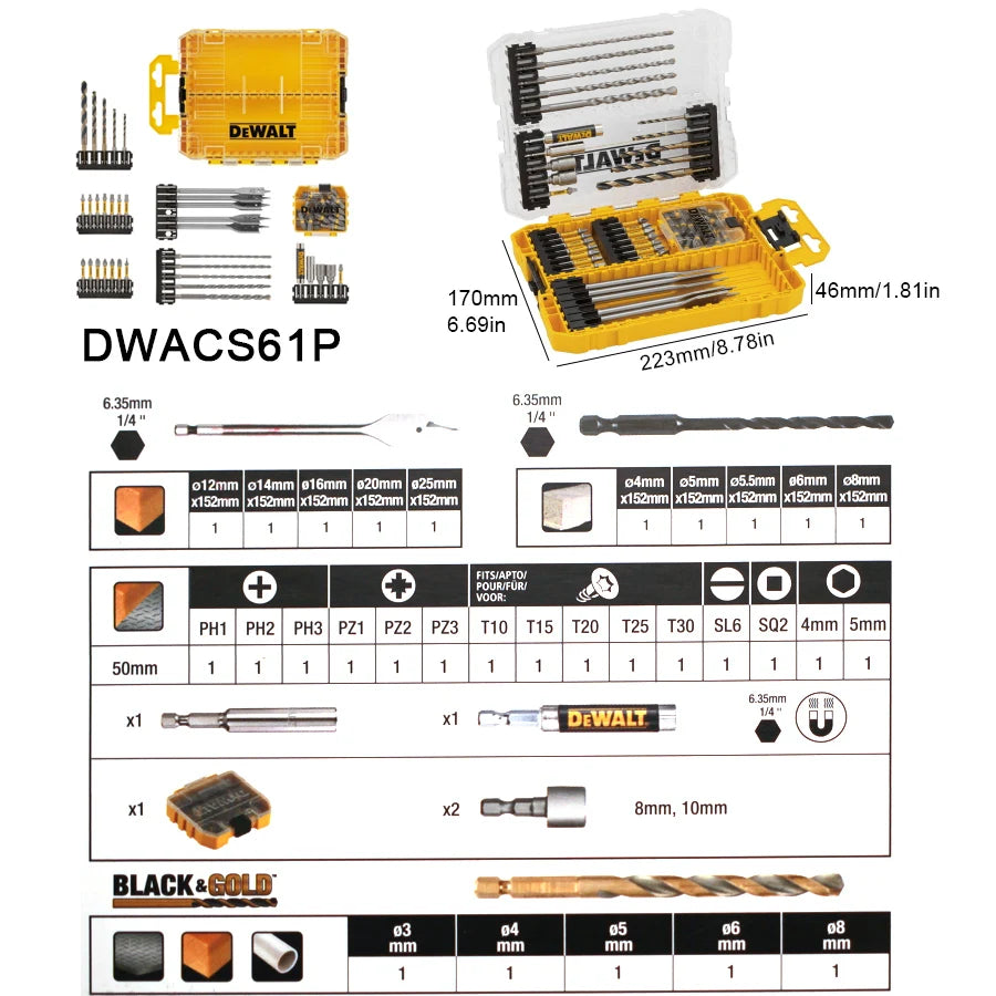 DEWALT DWACS61P Multi-tool Accessories Set 61pcs Extension Bit Holder Twist Drill Screwdriver Bits Impact Driver Bit Tool Case