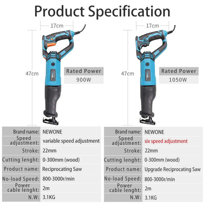 NEWONE 900W-1200W Reciprocating Saw -6-Speed Electric Saber Saw for Wood & Metal