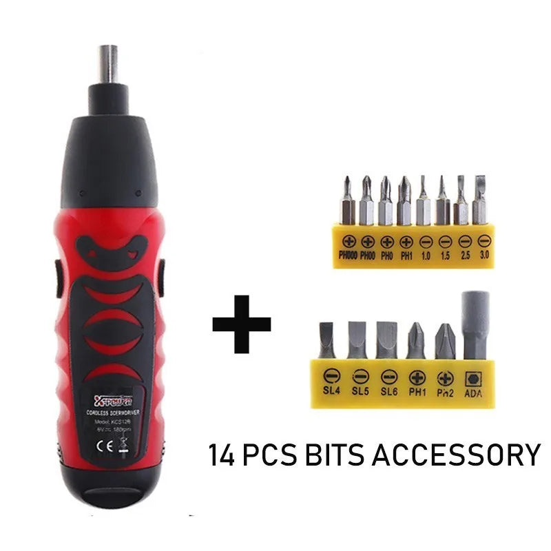 Mini Cordless Electric Screwdriver Set - Battery Powered Drill with 11 / 14 Bits