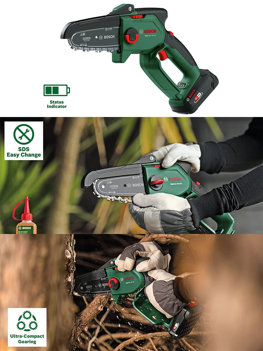 Bosch 18V Cordless Chainsaw Easychain 18V-15-7 Compact Pruner Power Tools Brushless Mini Electric Pruning Saw for Cutting Wood