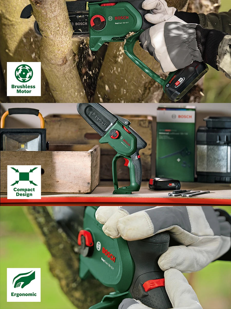 Bosch 18V Cordless Chainsaw Easychain 18V-15-7 Compact Pruner Power Tools Brushless Mini Electric Pruning Saw for Cutting Wood