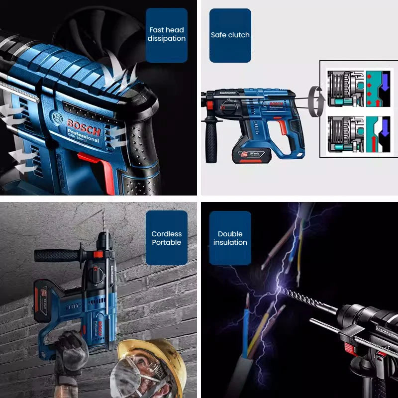 Bosch GBH 180-Li Cordless Electric Hammer Drill 18V Brushless 2 J Impact Driller Sds Plus Reverse Hammer Tool for Concrete Steel