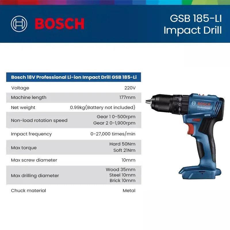 Bosch GSB 185 Li Impact Drill Cordless Brushless Electric Drill 50Nm Maximum Torque Hammer Drilling Screwdriver Bosch Power Tool