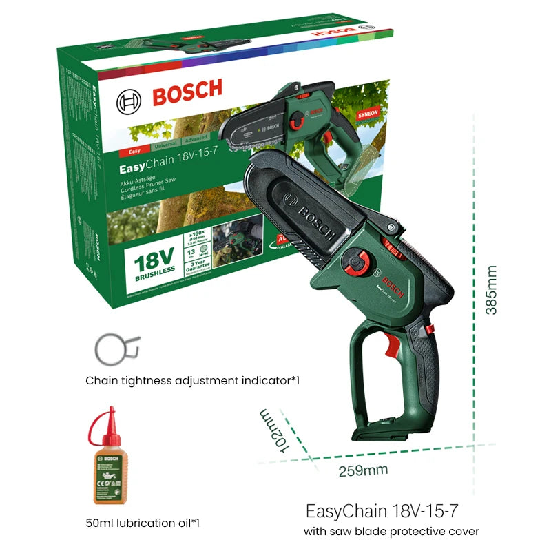 Bosch 18V Cordless Chainsaw Easychain 18V-15-7 Compact Pruner Power Tools Brushless Mini Electric Pruning Saw for Cutting Wood