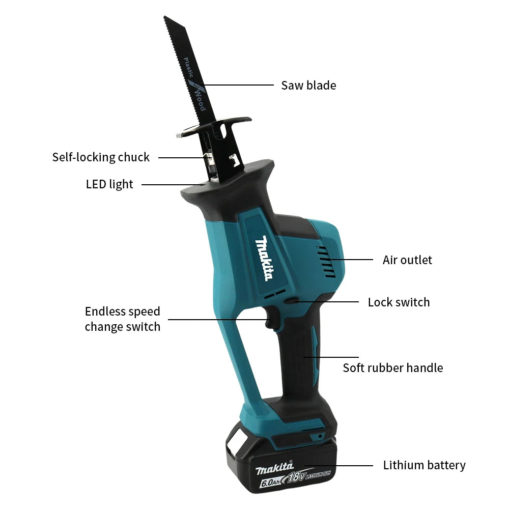 Makita DJR189 Reciprocating Saw Brushless Wood Metal Cutting Portable Handheld Rechargeable 18V Lithium Battery Power Tool