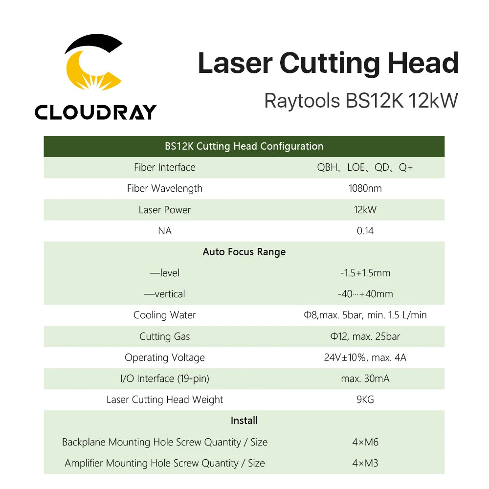 Cloudray BS12K 12kW Original Raytools Laser Cutting Head CL100mm FL200mm 1080nm Laser Head for Fiber Laser Cutting Machine