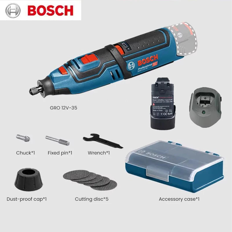Bosch GRO 12V-35 Cordless Rotary Tool – Engraving, Sanding, Polishing, Drilling & Cutting Device (Variable Speed 5000–35000 RPM)