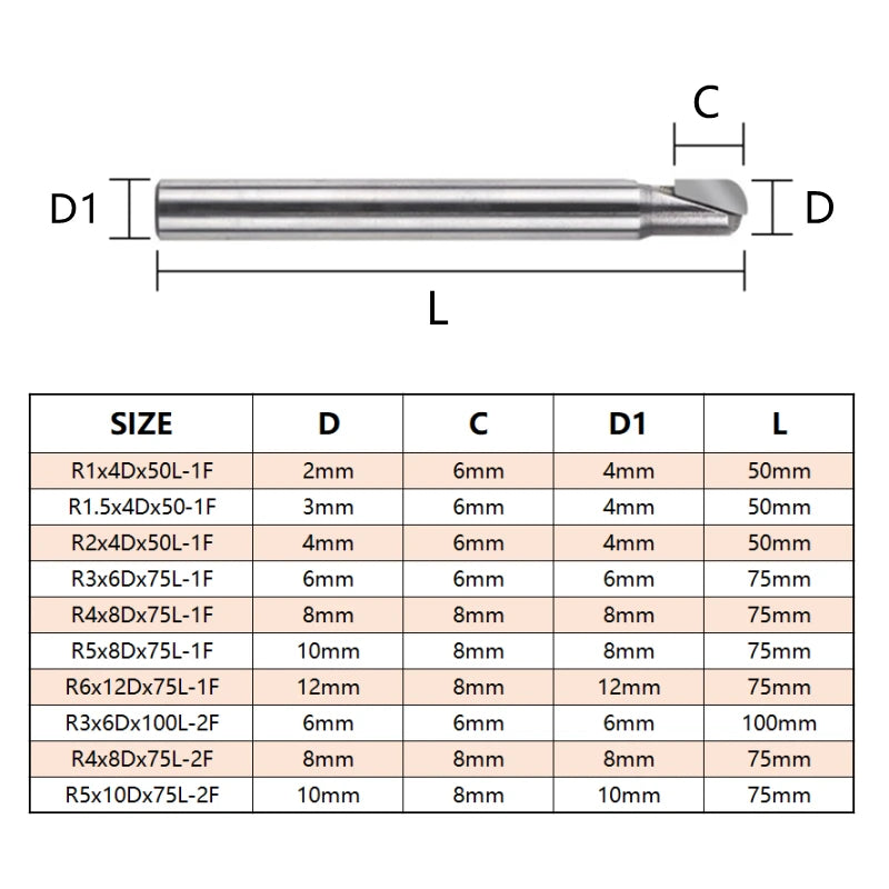 Diamond PCD Milling Cutter D1/2/3/4/5/6/8/10/12mm Ball Nose Mill R1/1.5/2/3/4/5/6 CNC Engraving Drill Bit Lathe Processing Tool