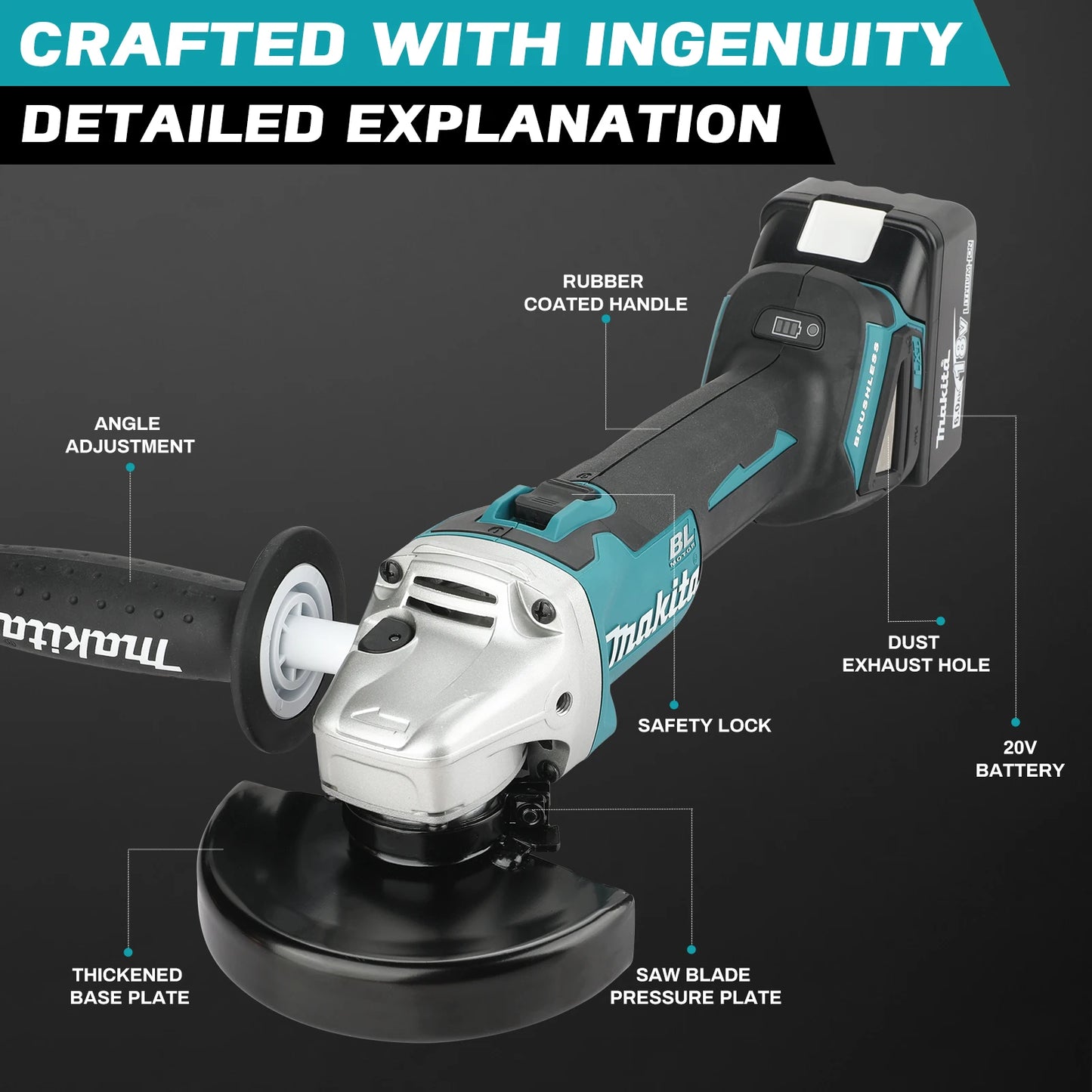 Makita Electric Goddess DGA404 125MM Cordless Electric Angle Grinder Brushless Variable Speed Cutting Machine For 18V Battery