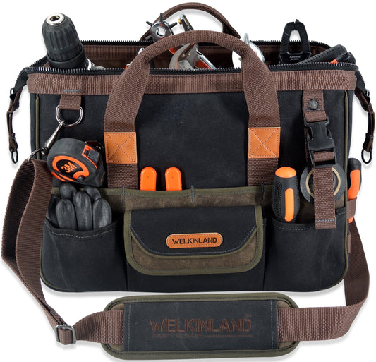 32-Pockets Heavy-Duty Waxed Canvas Tool Bag, 16-Inch