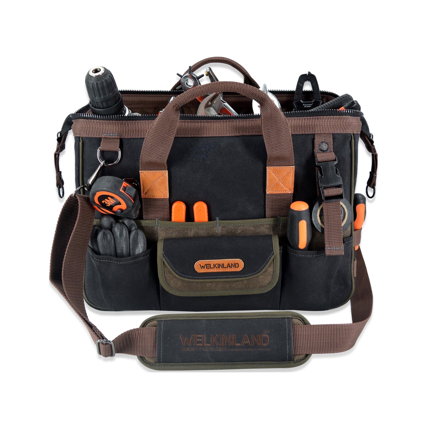 32-Pocket Heavy-Duty Waxed Canvas Tool Bag – 16-Inch Wide-Mouth with Shoulder Strap