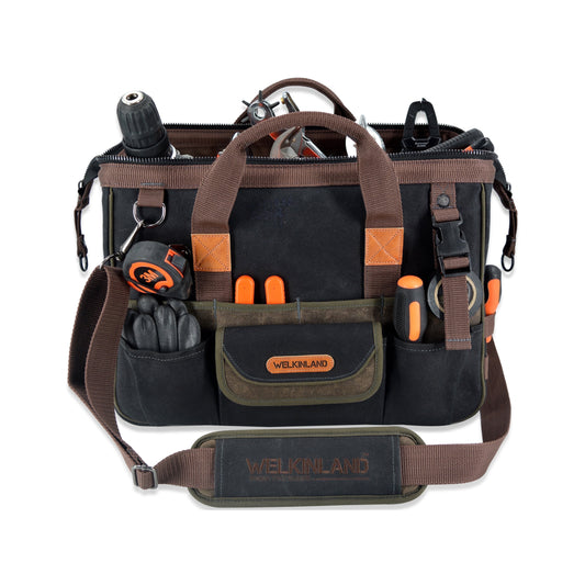 32-Pocket Heavy-Duty Waxed Canvas Tool Bag – 16-Inch Wide-Mouth with Shoulder Strap