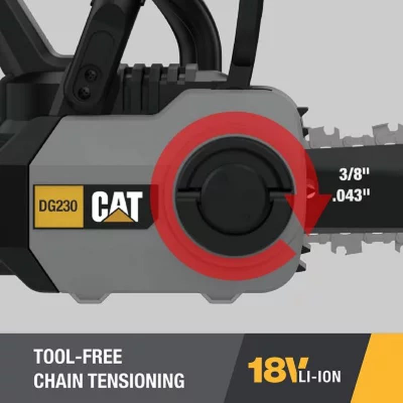 CAT DG230 18V Brushless 12” Chainsaw with Tool-Free Chain Tensioning, Electric Chainsaw Cordless with Inertia Chain Brake – Battery & Charger Included